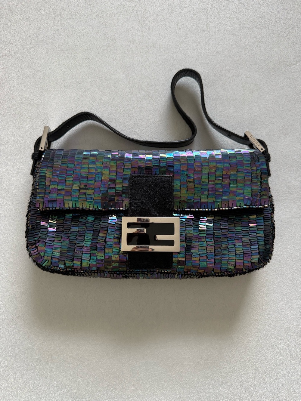 Fendi Midnight Blue Iridescent Sequin Shoulder Bag w Pony Hair Trim